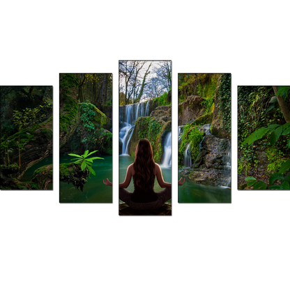 Girl Meditation in Front of waterfall MDF Panel Painting