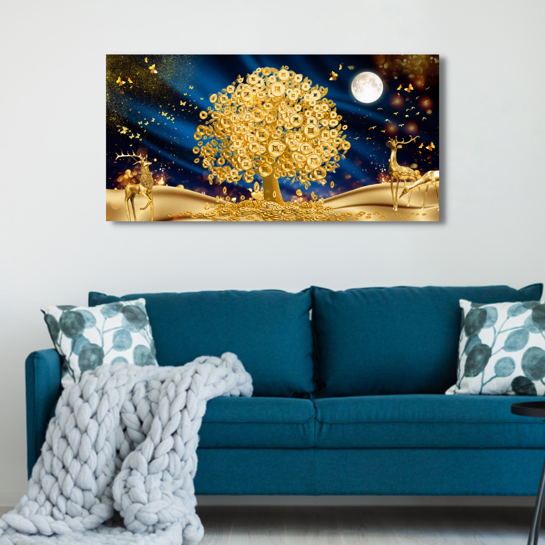 Golden Tree With Deer Canvas Print Wall Painting
