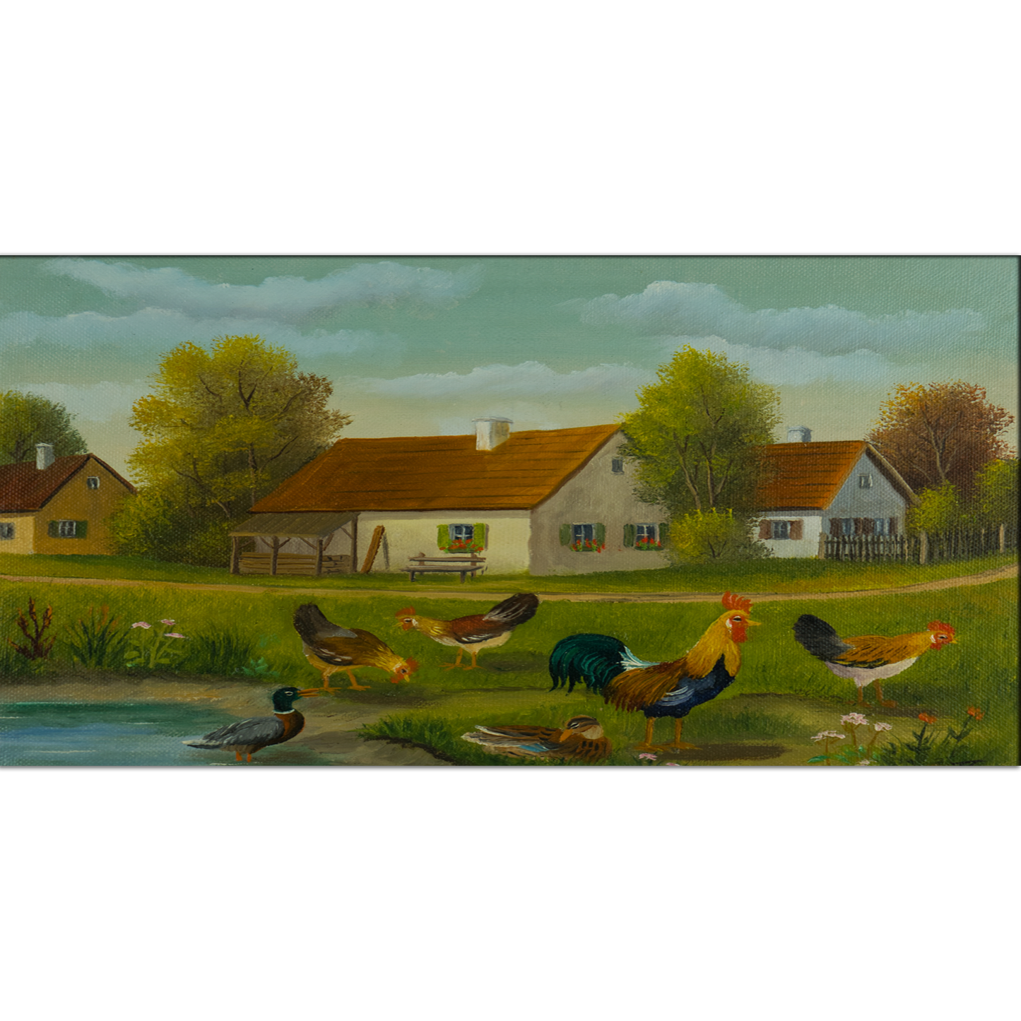 Chickens & Ducks at a Pond Abstract Canvas Print Wall Painting