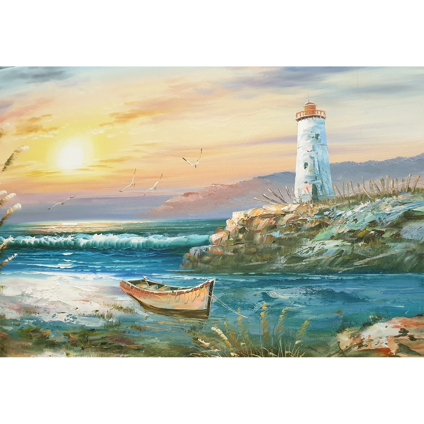 Lighthouse Boat with Sun Premium Quality  Wallpaper