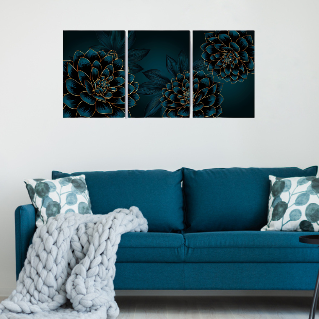 Golden leaves and flower set of 3 canvas frame