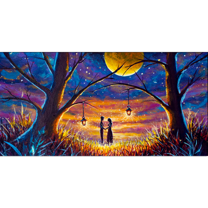 Romantic Couple Sunset With Big Moon Canvas Print Wall Painting