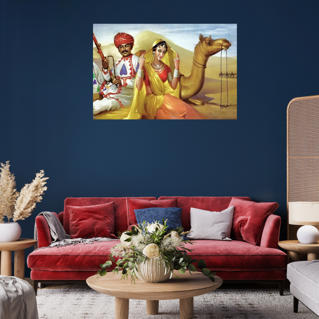 Rajasthani couples sitting with camel canvas
