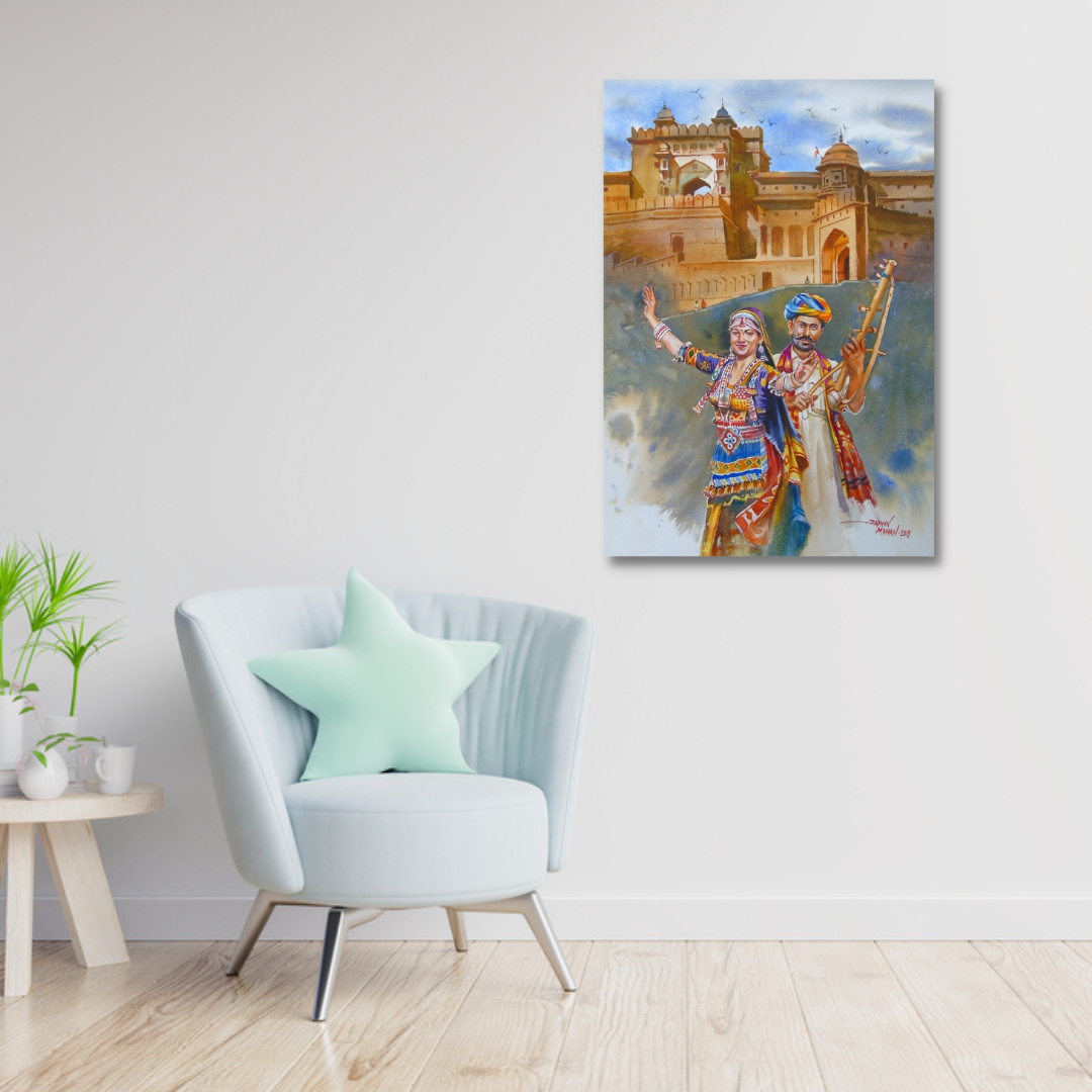 Rajasthan Historical Fort Handmade Art with Couple Canvas Wall Painting 