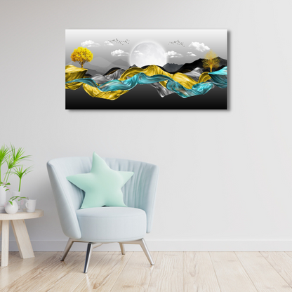 3d modern landscape moon golden trees colorful wavy mountains Canvas Print Wall Painting