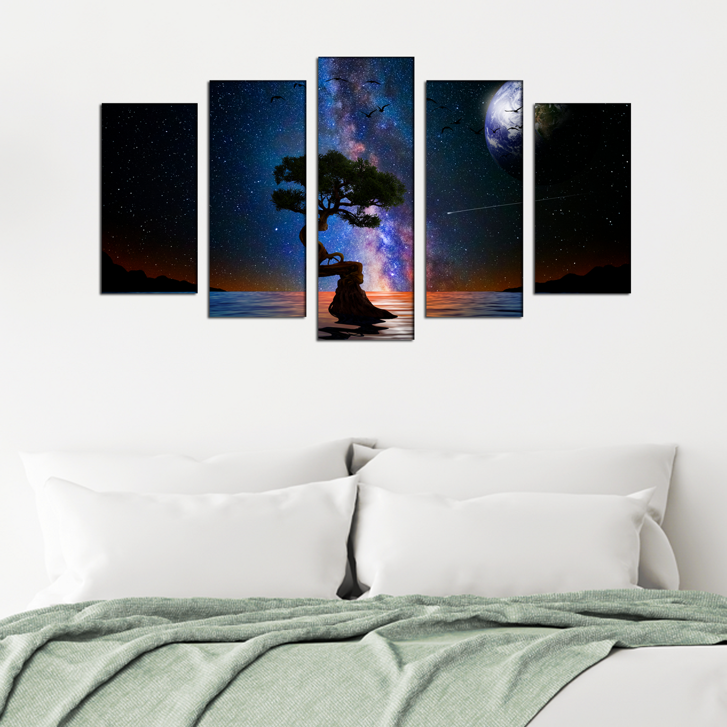 Glittery night lake with tree MDF wall panel painting