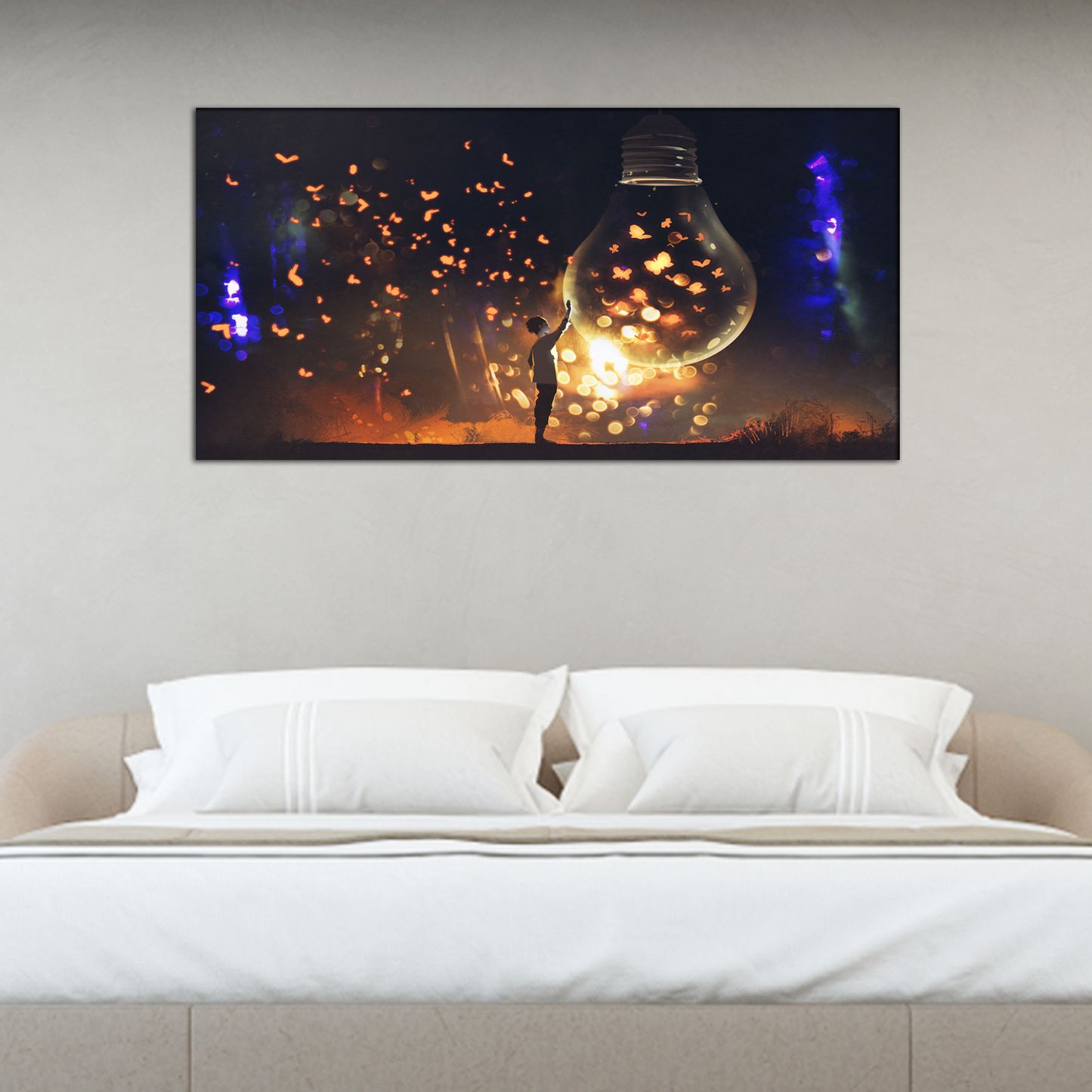 Big Bulb With Glowing Butterflies Abstract Canvas Wall Painting