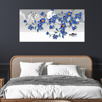 Blue Flowers and Flying Birds Canvas Print Wall Painting