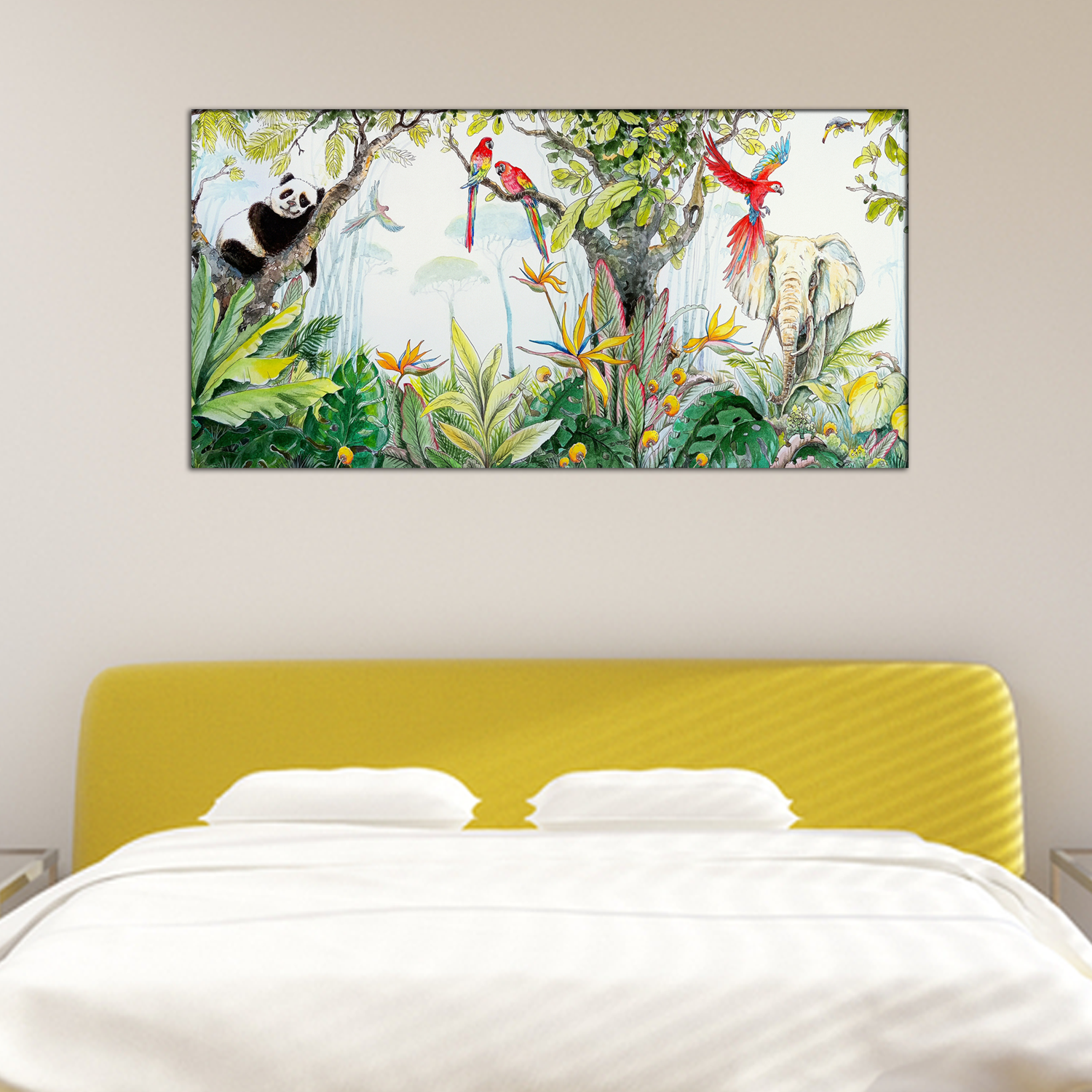 colorful parrots in forest wall painting for decor