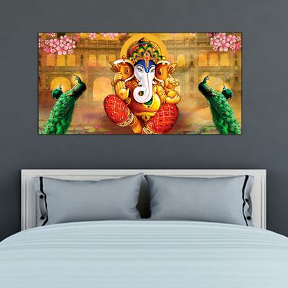 Lord Ganesha With Peacock Religious Canvas Print Wall Painting