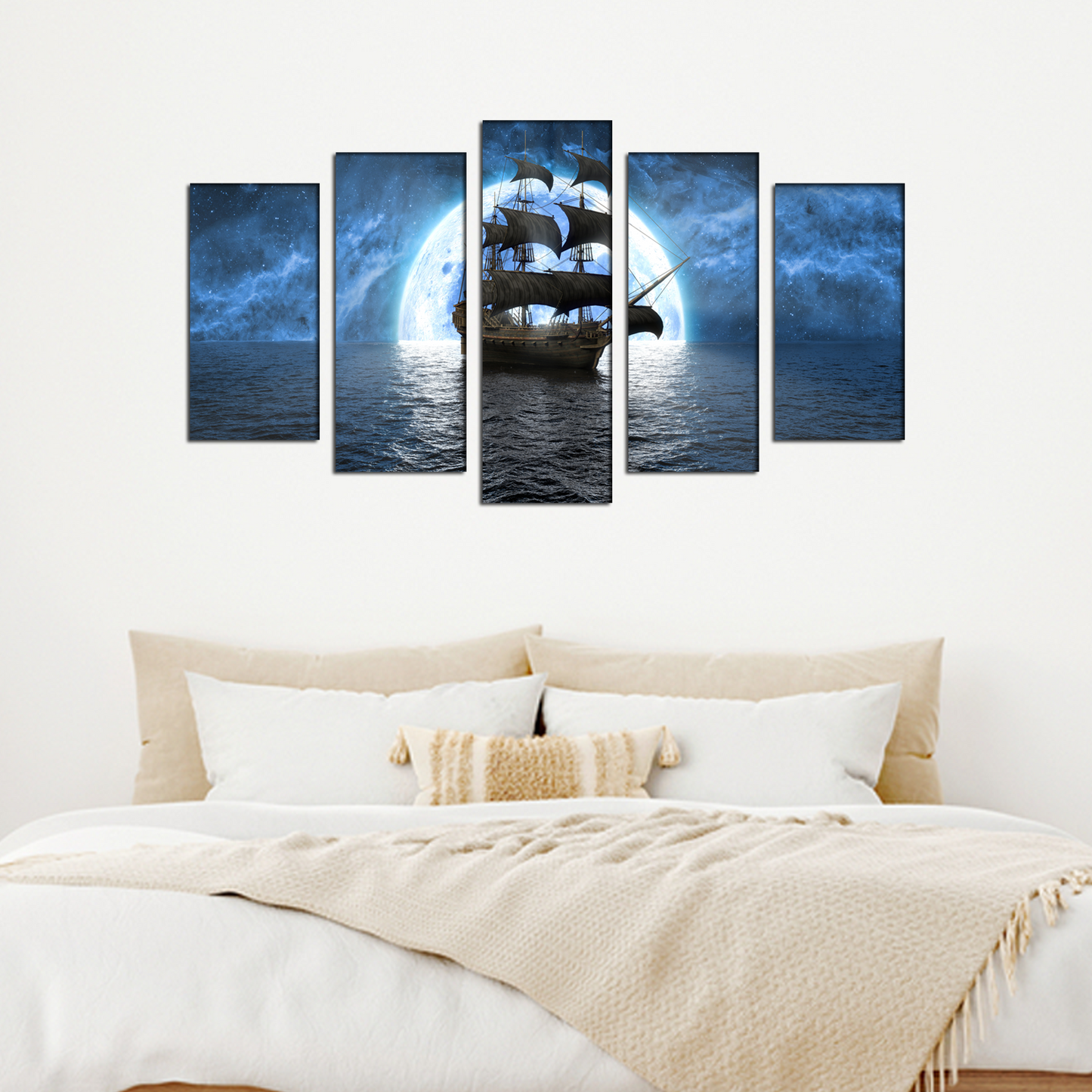 Ship at Sea with Large Moon MDF Panel Painting