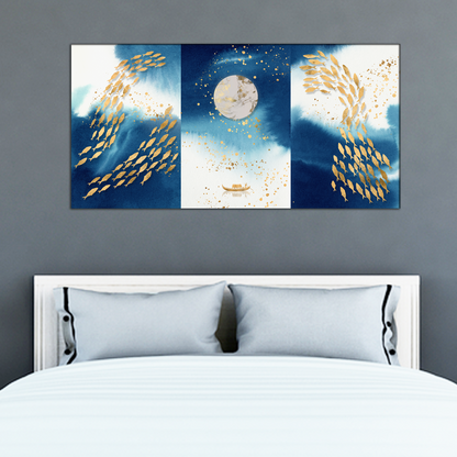 Fish Swimming, Moon and Boat Canvas Print Wall Painting