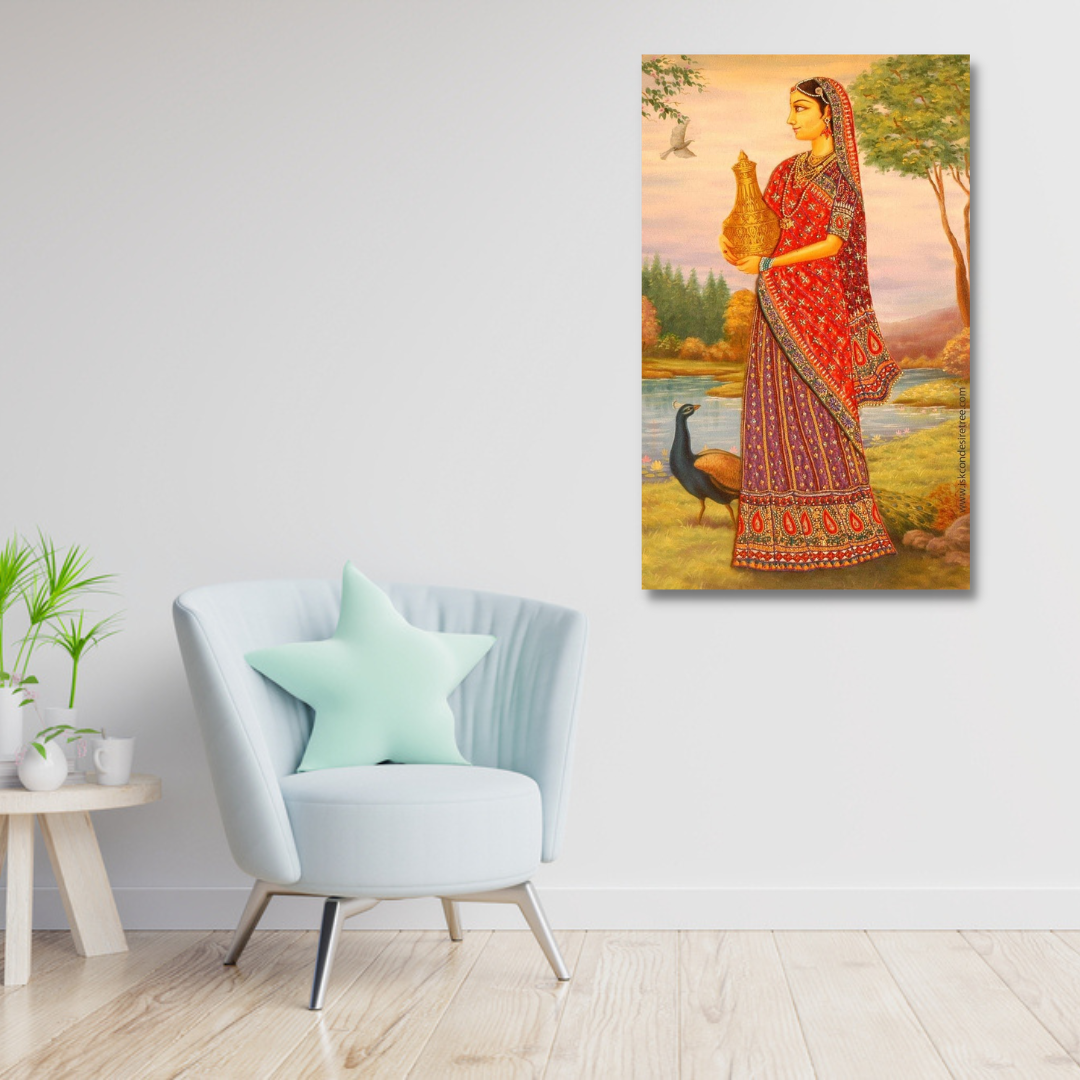beautiful canvas of Rajasthani girl with peacock 