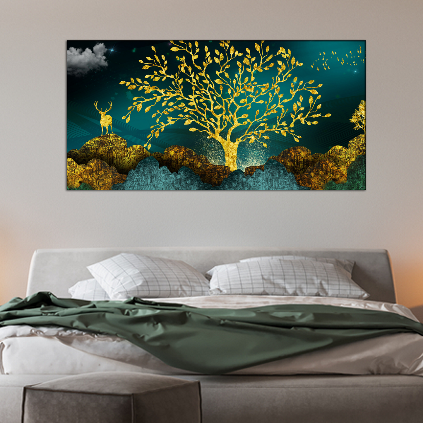 Golden Trees and Deer with Hills Canvas Print Wall Painting