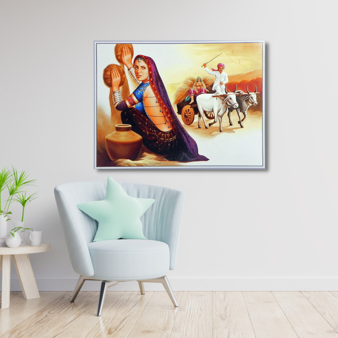 men riding bullock cart with working women wall painting
