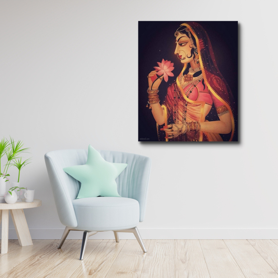 Rajasthani lady with flower canvas for decor