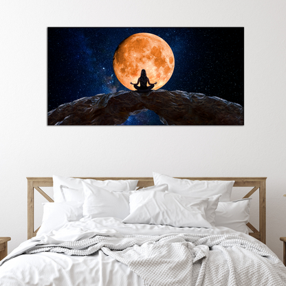 Woman Meditating and Observing the Moon Canvas Print Wall Painting