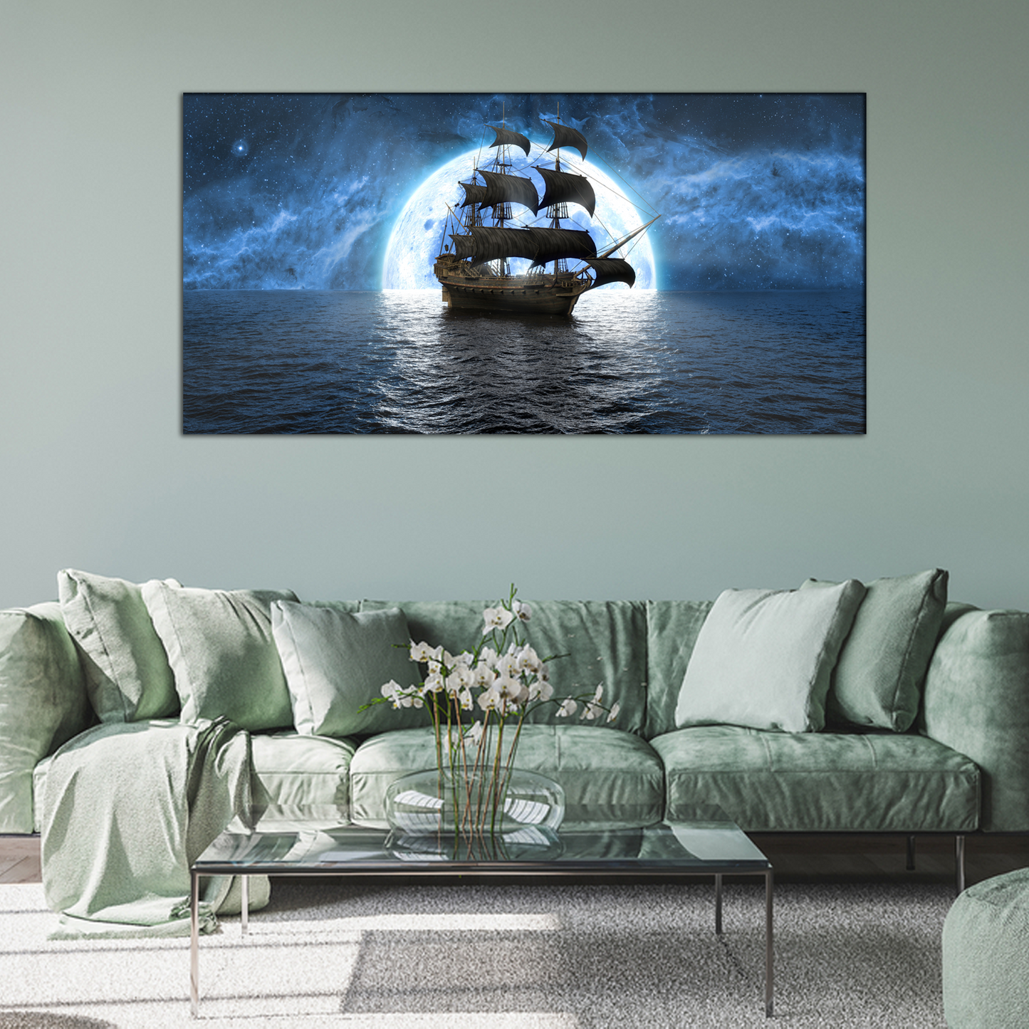Ship at Sea with Large Moon Canvas Print Wall Painting