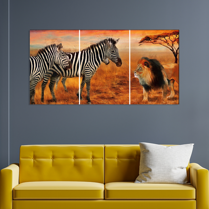 Zebra And Lion Animal Canvas Wall Painting