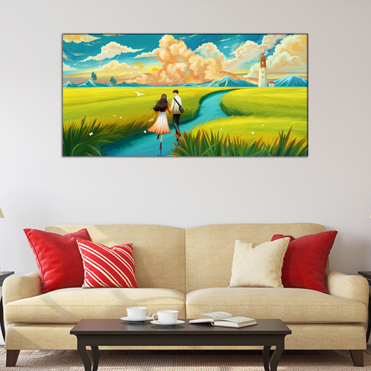 Lovers are Running in a Wheat Field Canvas Print Wall Painting