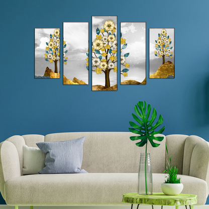 Brown trees with golden flowers MDF panel painting