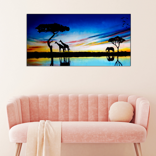 Elephants and Giraffes Animal Canvas Print Wall Painting