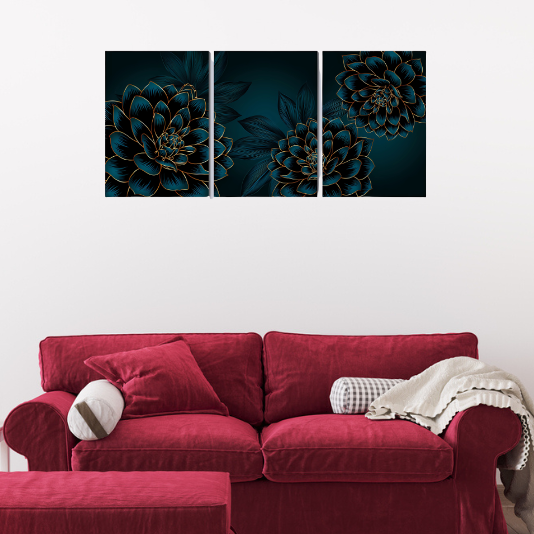 Golden leaves and flower set of 3 canvas frame