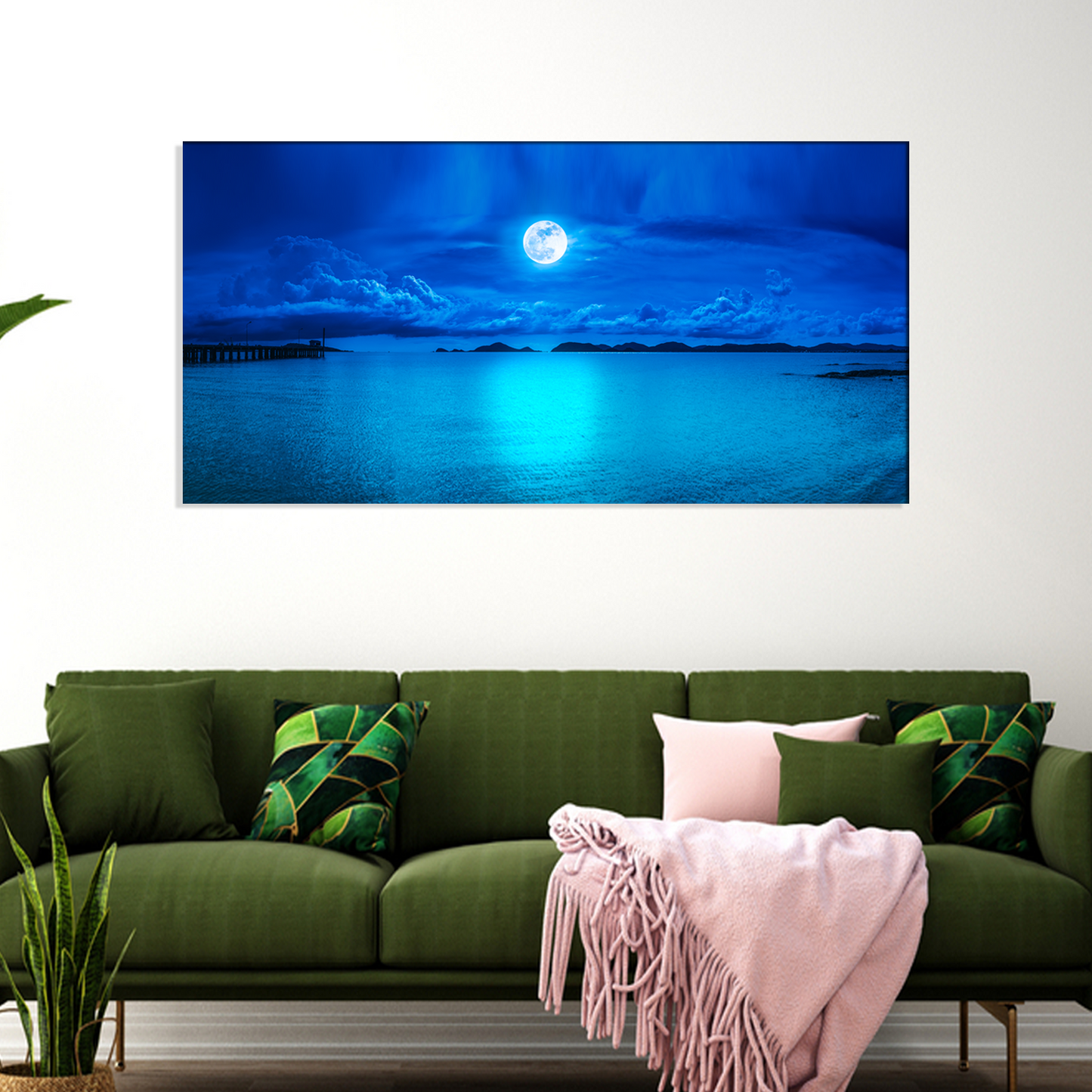Sea & Full Moon With Abstract Canvas Print Wall Painting