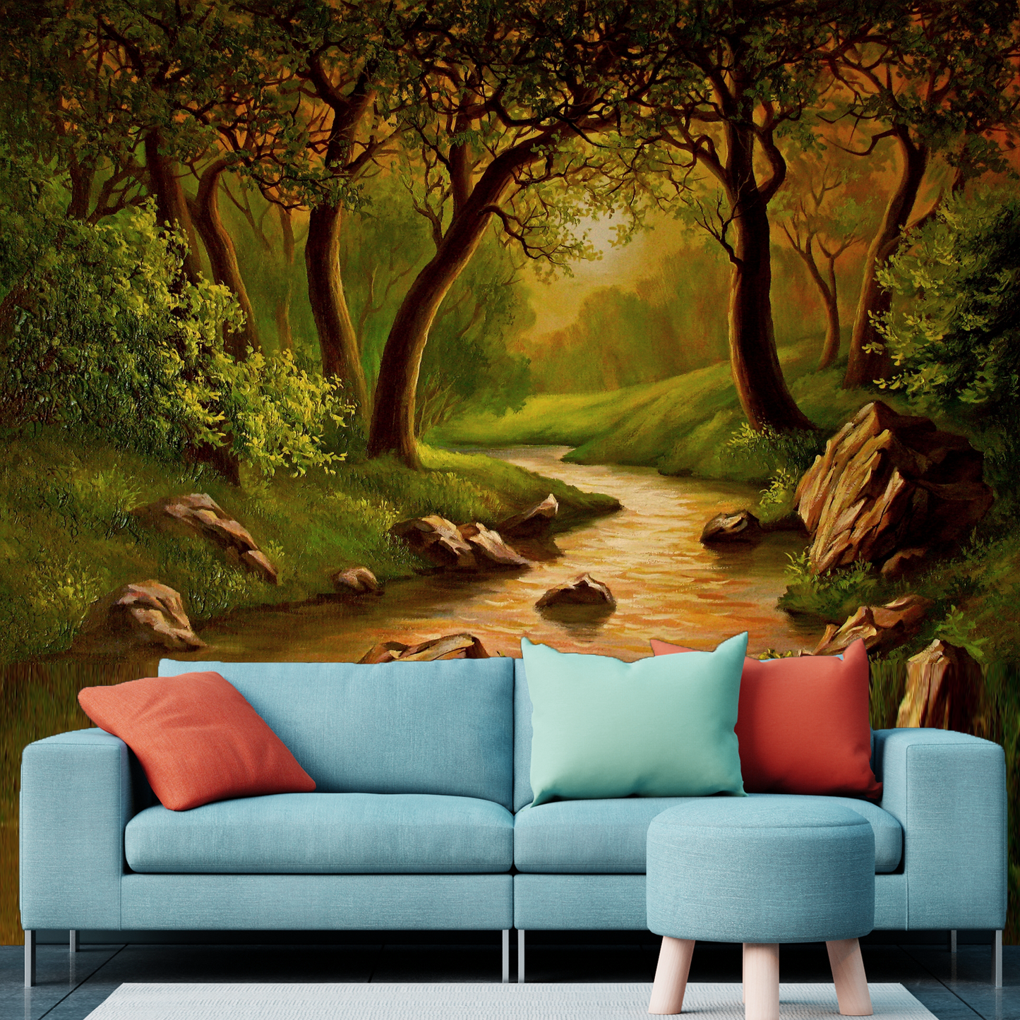 River Forest Painting Premium Quality Wallpaper