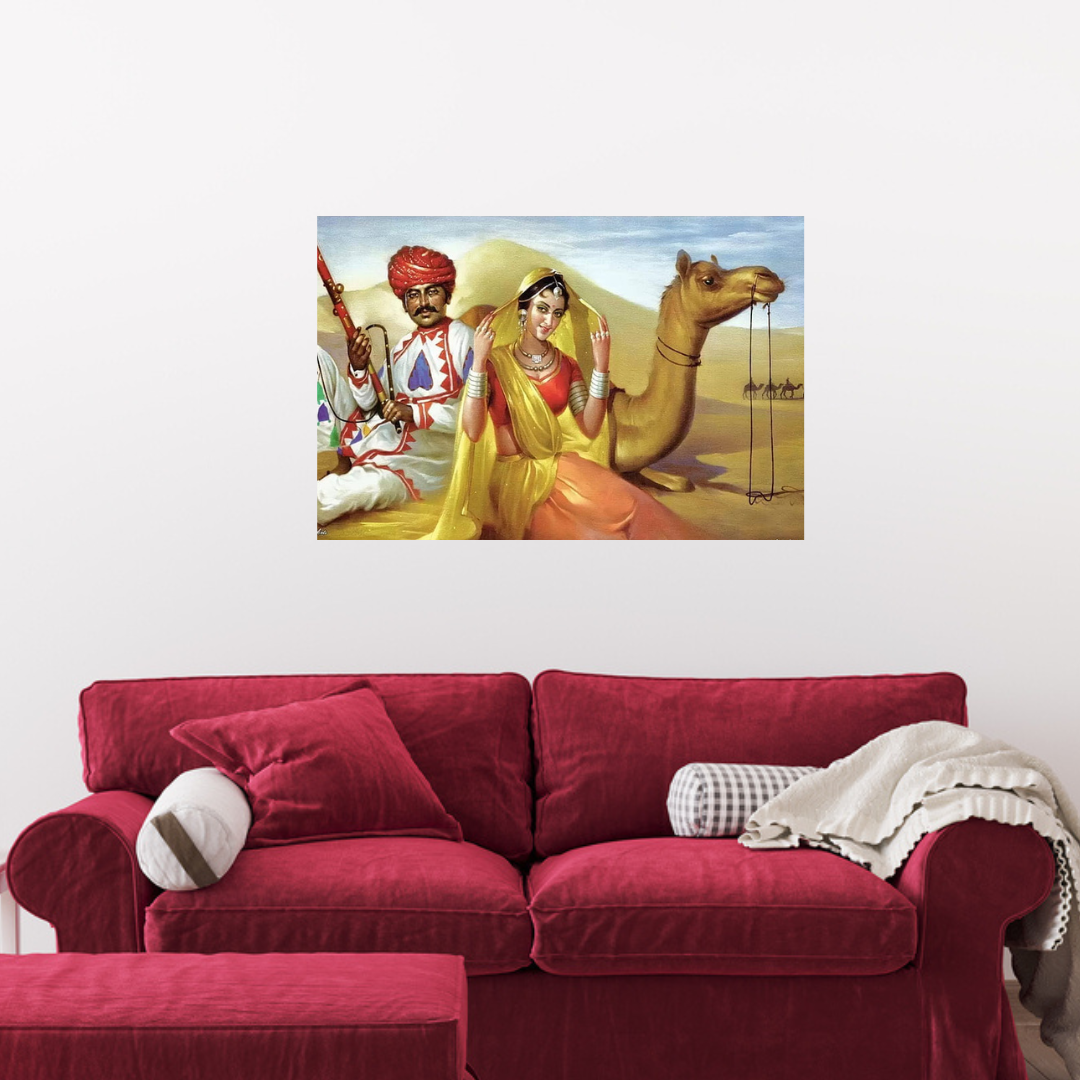 Rajasthani Couple with Camel In Desert Canvas Print Wall Painting