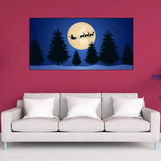 Santa Claus Flying Forest in Night Abstract Canvas Print Wall Painting