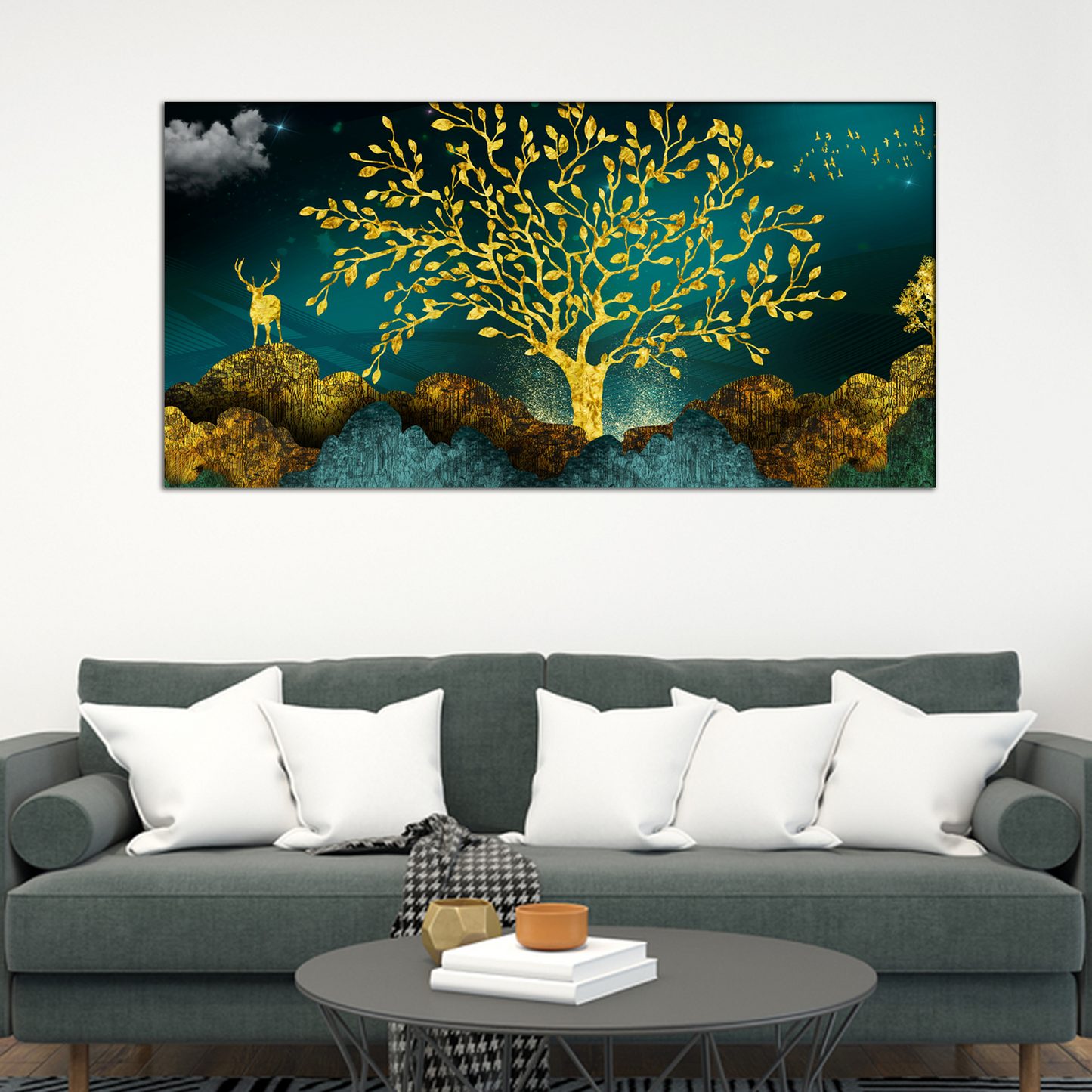 Golden Trees and Deer with Hills Canvas Print Wall Painting