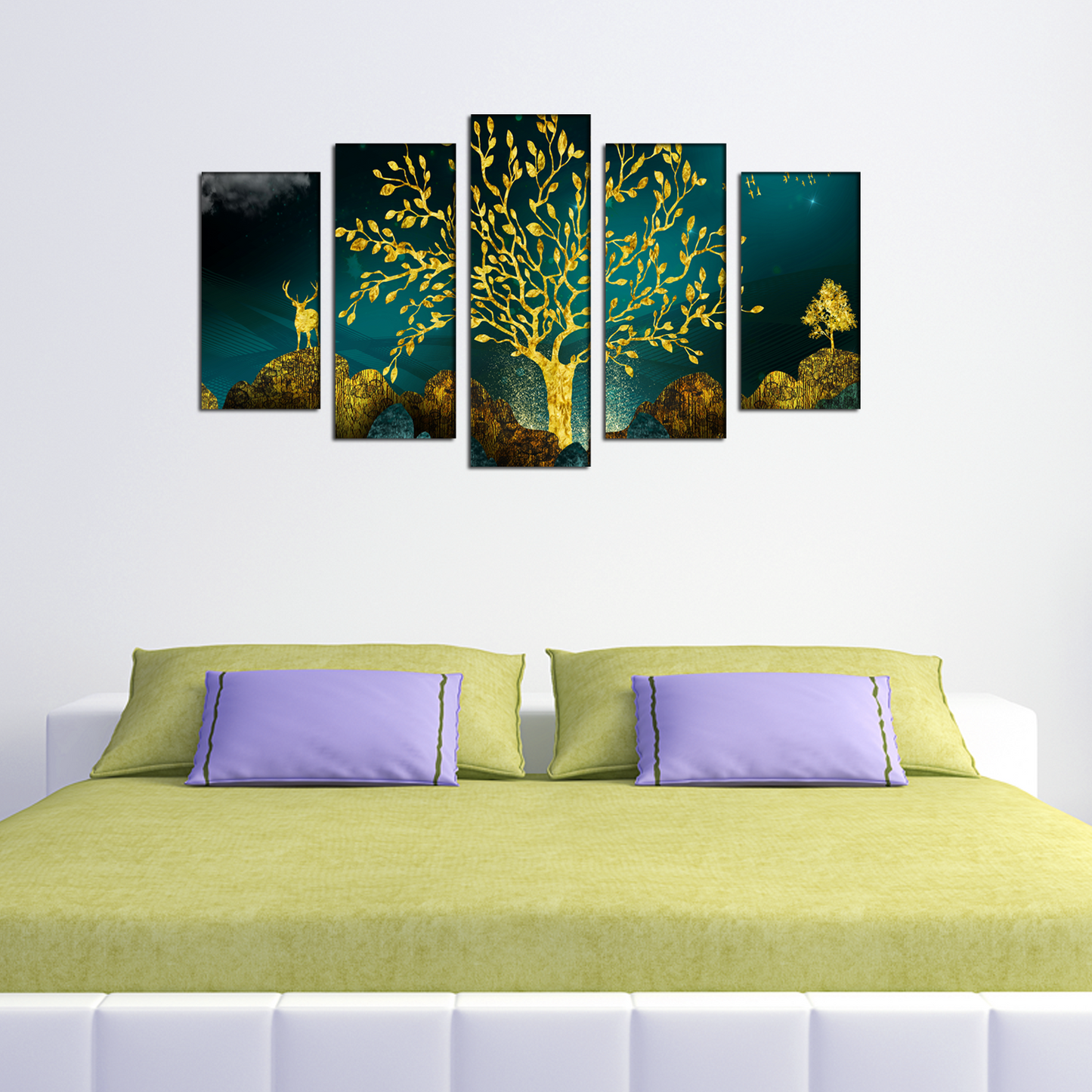 Golden Trees and Deer with Hills MDF Panel Painting