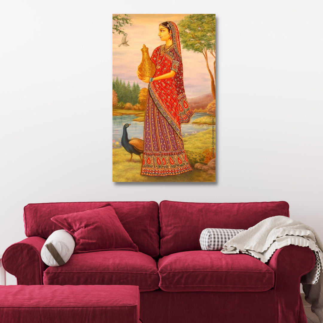 A Rajasthani Girl stand With Peacock Canvas Print Wall Painting
