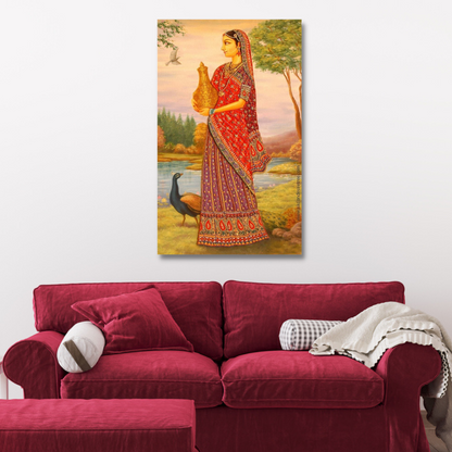 A Rajasthani Girl stand With Peacock Canvas Print Wall Painting