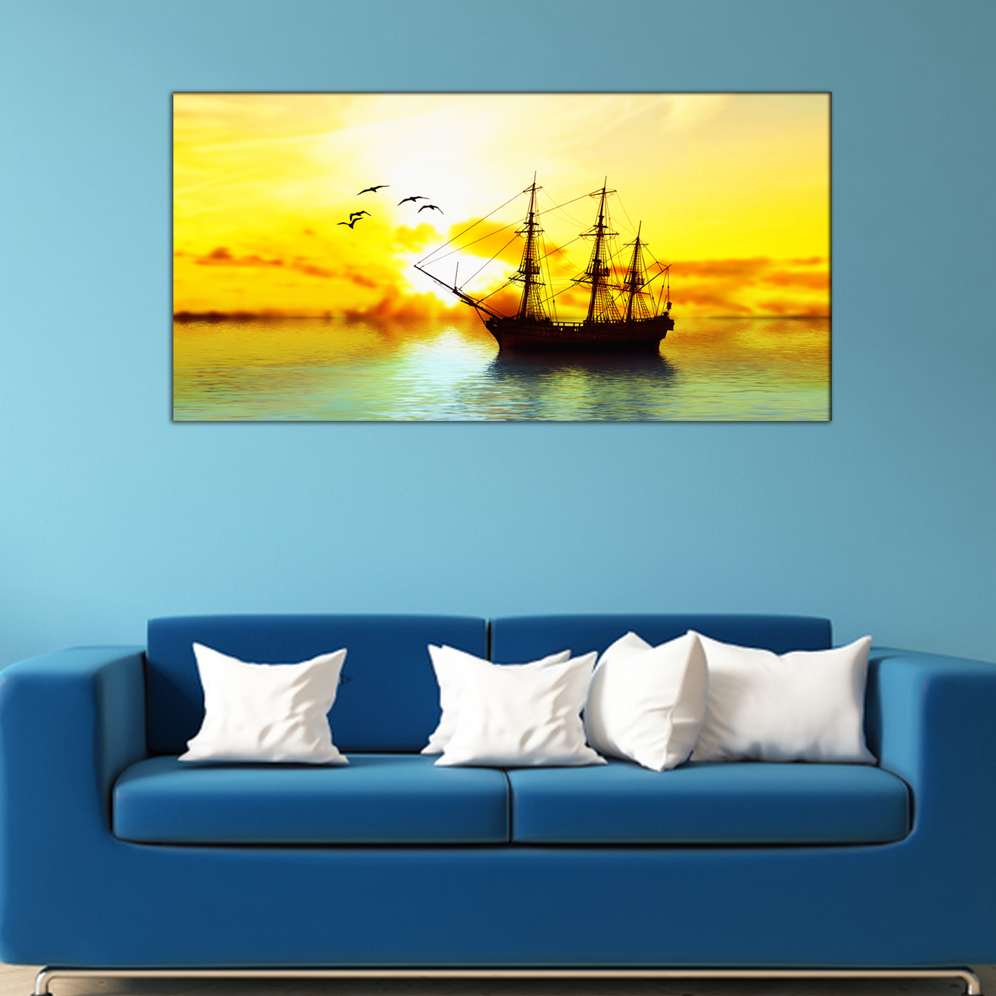 Sunset With Ship Canvas Print Wall Painting