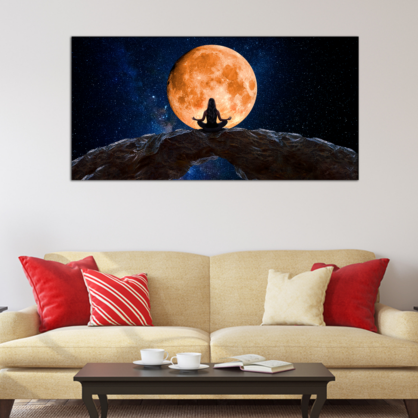 Woman Meditating and Observing the Moon Canvas Print Wall Painting