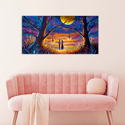 Romantic Couple Sunset With Big Moon Canvas Print Wall Painting