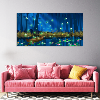 Firefly and Boat in the Full Moon Abstract Canvas Print Wall Painting