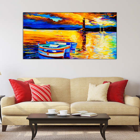 Beautiful Sunset and Boats Canvas Print Wall Painting