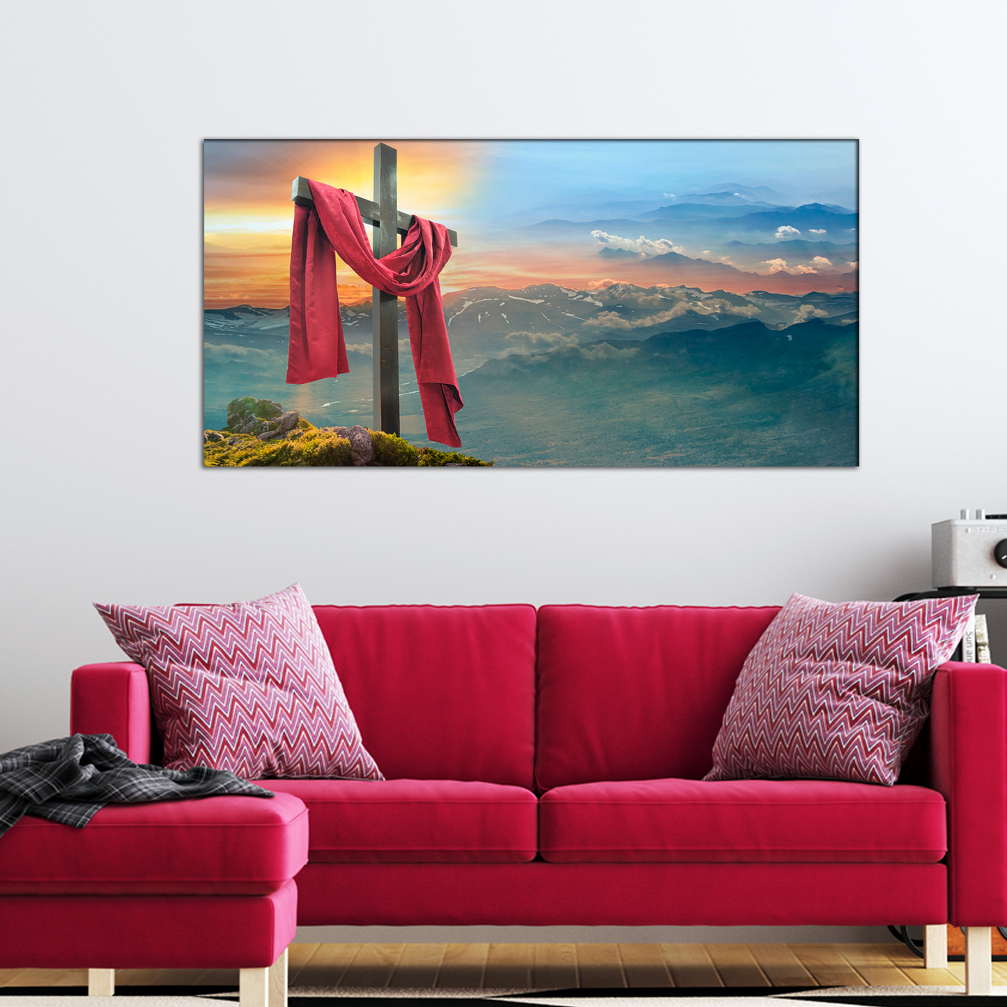 Beautiful Easter Cross with Red Cloth Canvas Wall Painting