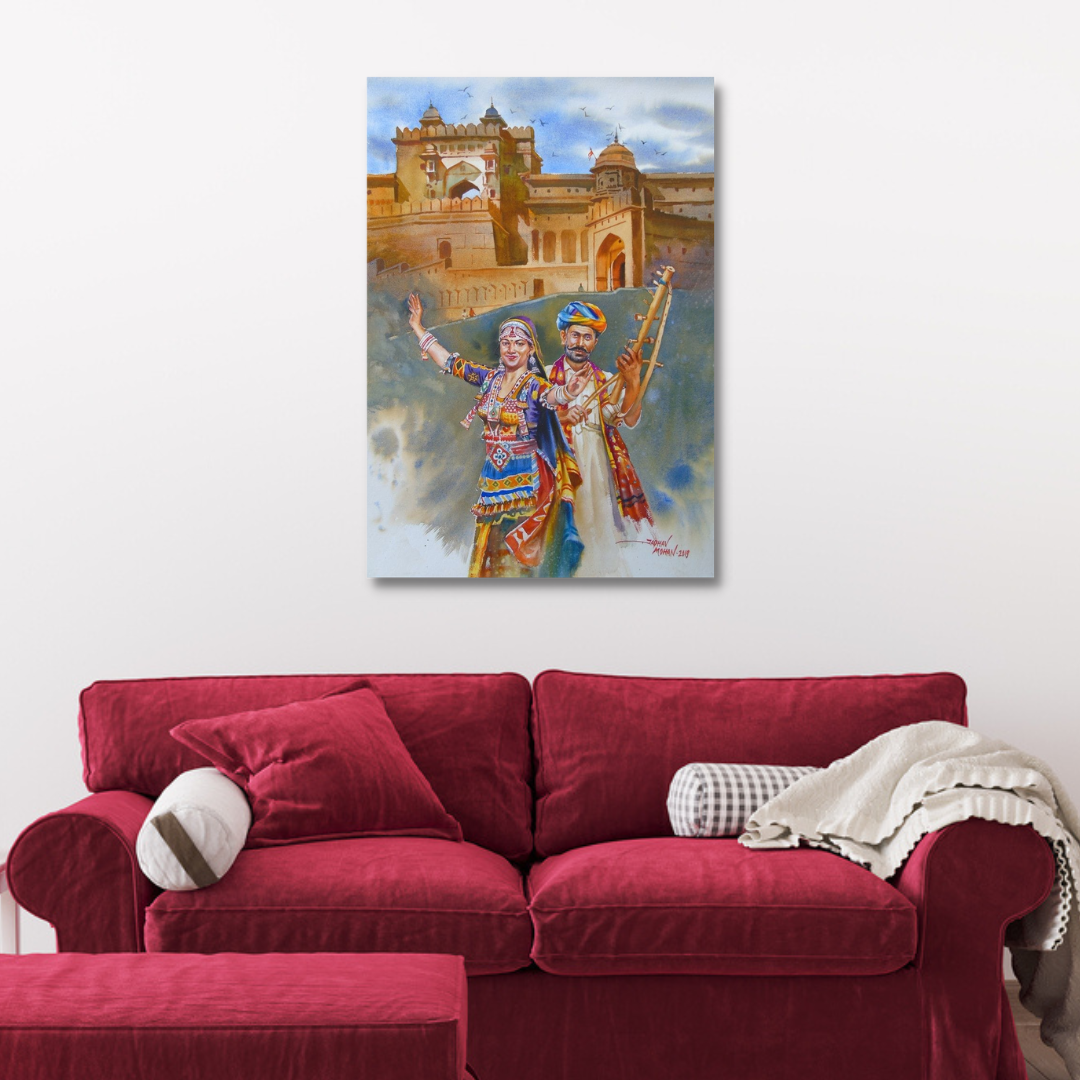 Rajasthan Historical Fort Handmade Art with Couple Canvas Wall Painting