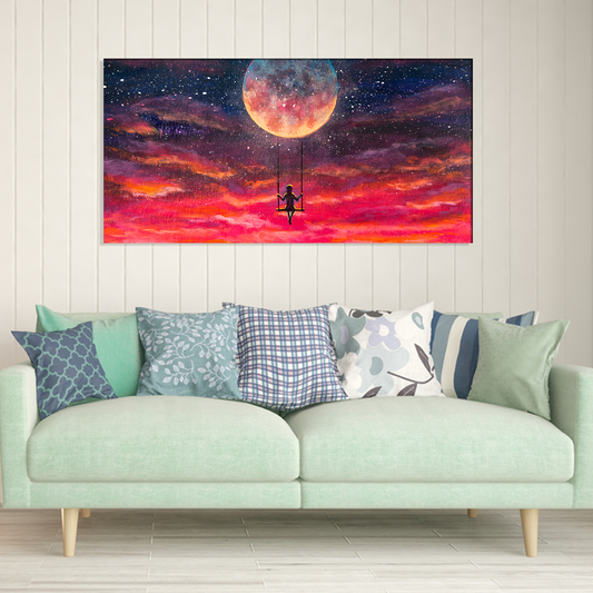 Girl Rides on Swing in Sky Abstract Canvas Print Wall Painting