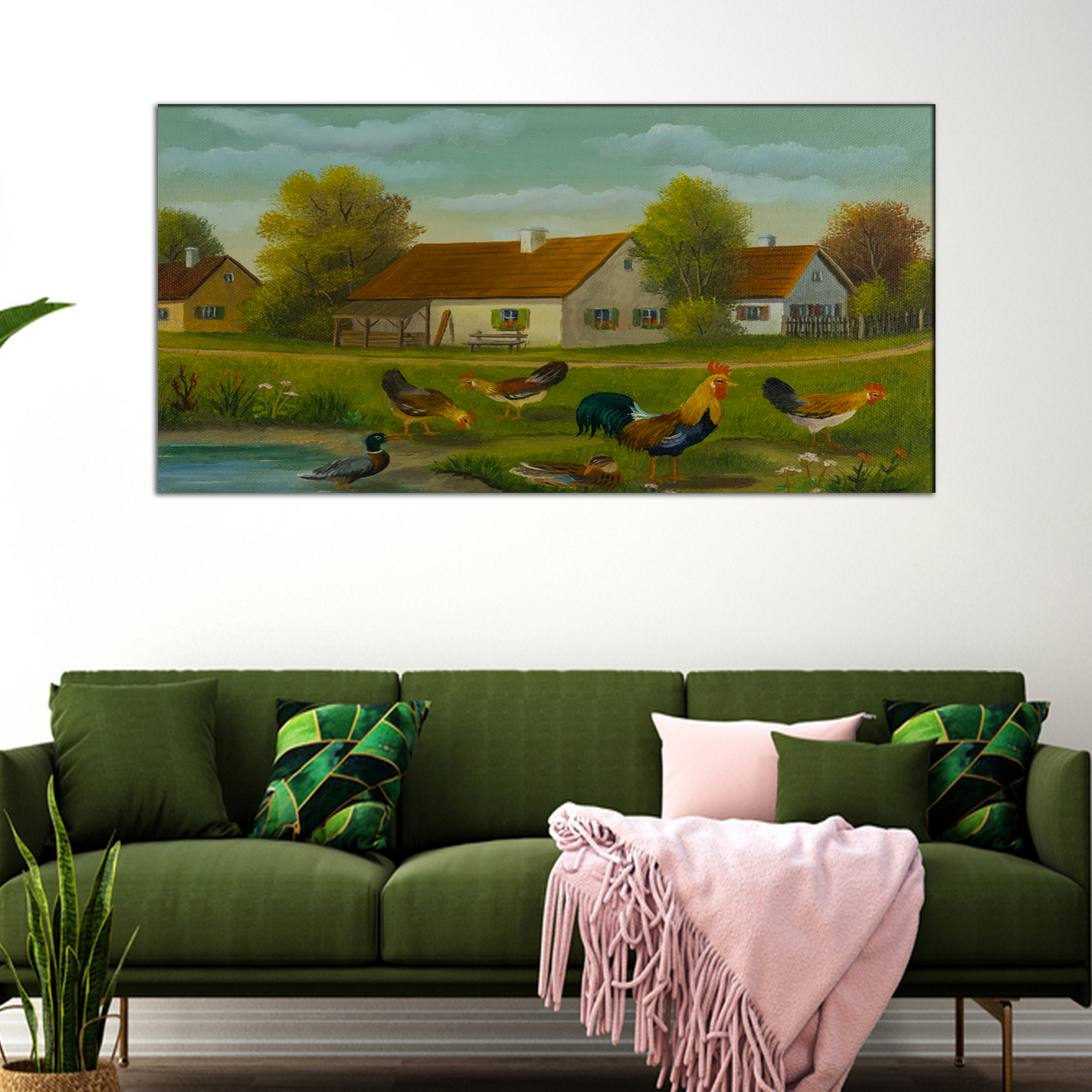 Chickens & Ducks at a Pond Abstract Canvas Print Wall Painting