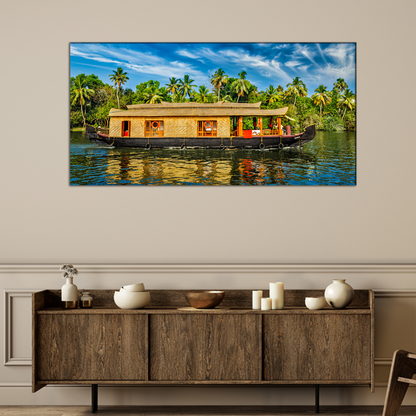 Trees With Houseboat Canvas Print Wall Painting