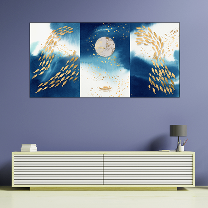 Fish Swimming, Moon and Boat Canvas Print Wall Painting