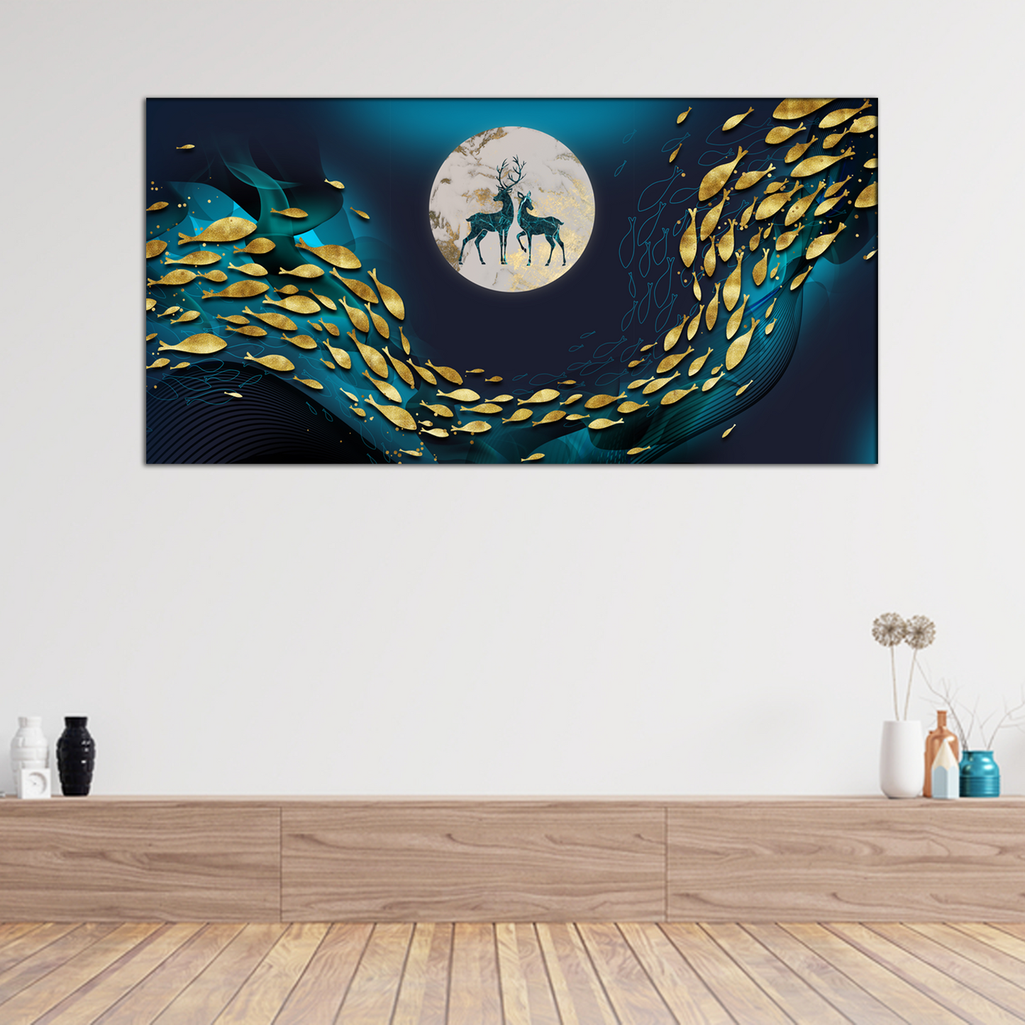 Fish, Deer and  Moon Canvas Print Wall Painting