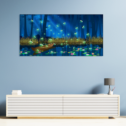 Firefly and Boat in the Full Moon Abstract Canvas Print Wall Painting