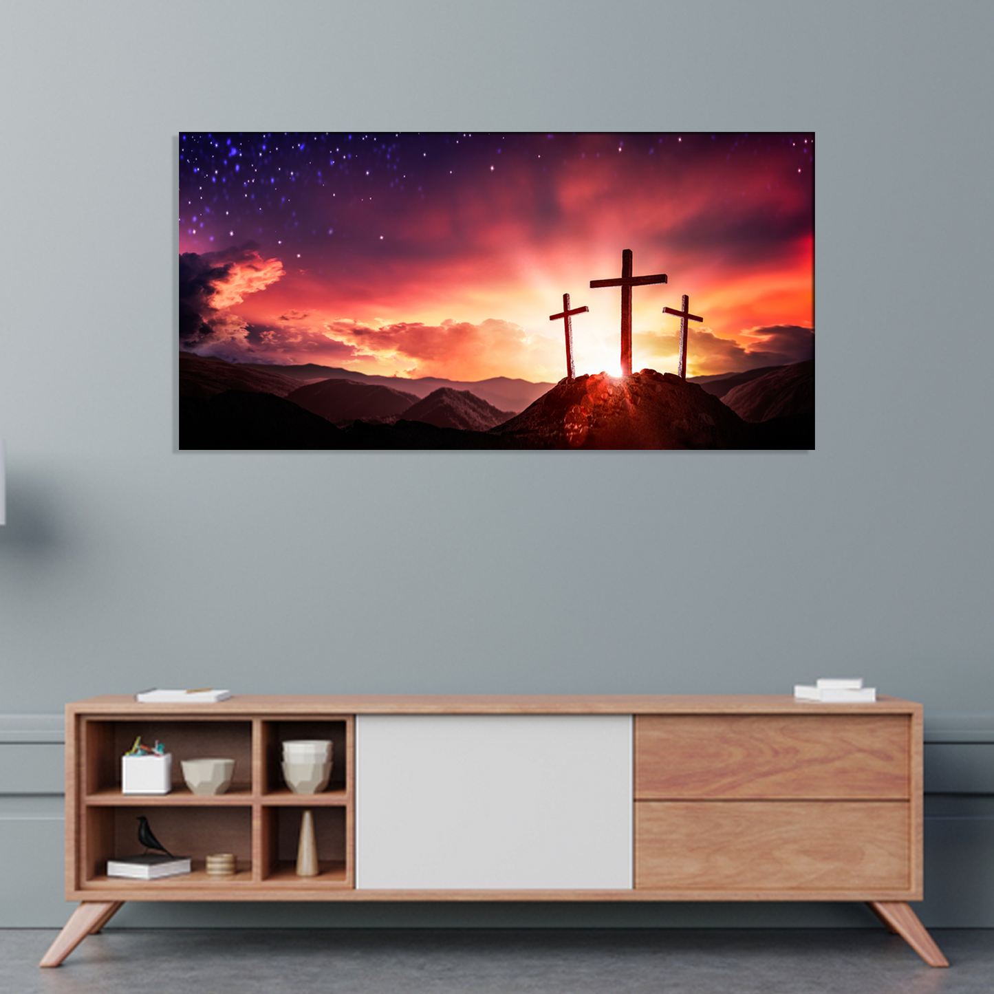 Three Wooden Crosses At Sunrise Canvas Print Wall Painting