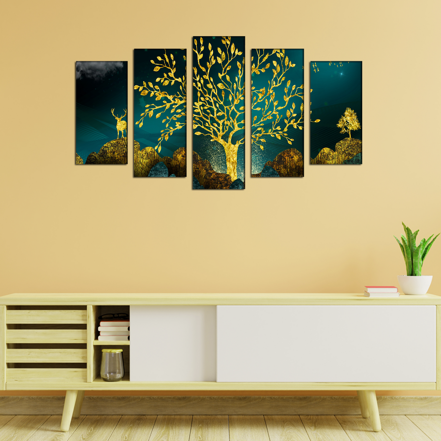 Golden Trees and Deer with Hills MDF Panel Painting